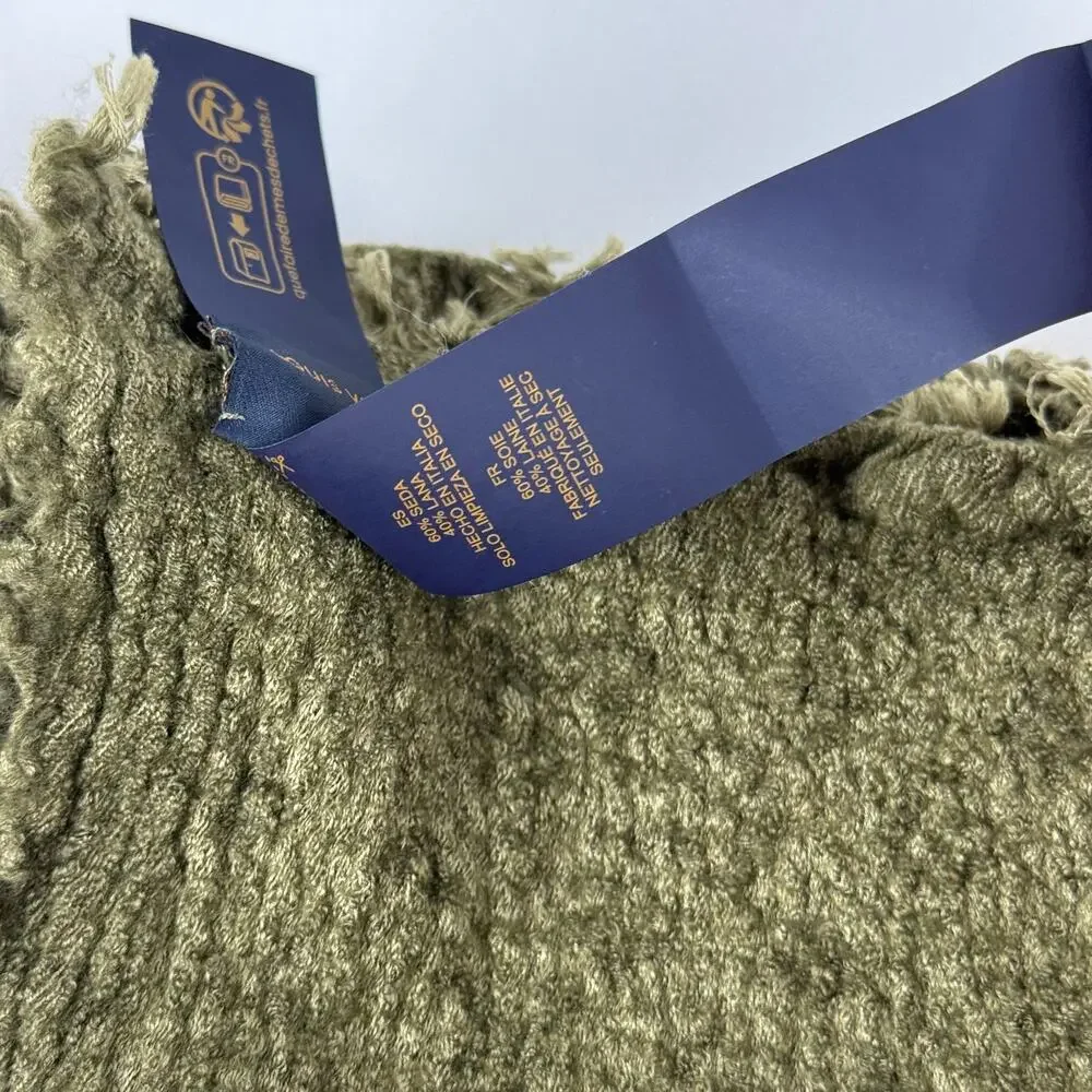 Louis Vuitton Khaki Green Monogram Shawl Silk Wool Fringe Made in Italy